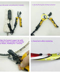 Top Shelf Heavy Duty Electric Crimping Machine For Badminton Rackets With Trumpet Pliers in use illustrating heating and flaring process.