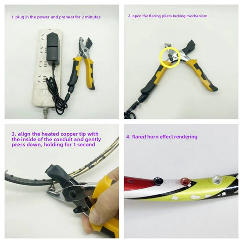 Top Shelf Heavy Duty Electric Crimping Machine For Badminton Rackets With Trumpet Pliers in use illustrating heating and flaring process.