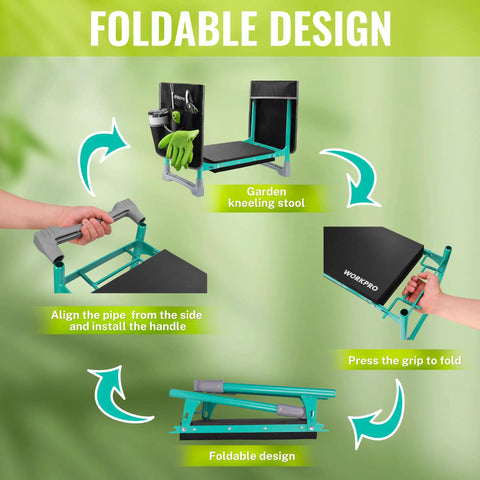 Wide 10 Inch Taller Garden Kneeler And Seat Folding Stool with EVA Foam Pad showing foldable design and assembly steps