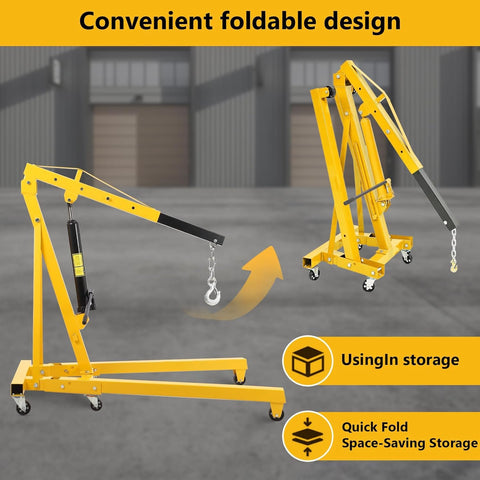 2 Ton Cherry Picker Engine Hoist With Folding Hydraulic Crane And Six Swivel Castors Designed For Easy Engine Removal In Auto Repair Shops Garages And Workshops Pro Grade Build Durably Built And Ready For Heavy Duty Use Yellow displayed folded for storage
