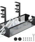 No Drill Metal Under Desk Cable Tray With Rotating Clamp, Power Strip Organizer shown with clamps, screws, and cables, Black