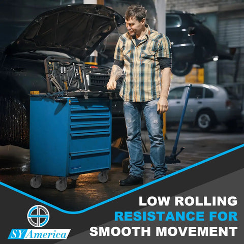 4 Inch Heavy Duty Casters Set Of 4 With Swivel Brake Wheels mounted on a blue toolbox in an auto shop.