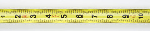 Close-up of 3/4 In By 12 Ft Quikread Power Return Tape Measure With Yellow Clad Case, displaying fraction and decimal readouts.