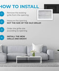 Installation guide showing steps for Premium 12 By 8 Inch Wall AC Vent Cover With Rustproof Aluminum Build Multi Shutter Damper Adjustable Front Blades White Finish No Brainer Easy Install Durable Register Vent Cover For Home HVAC with a living room background.
