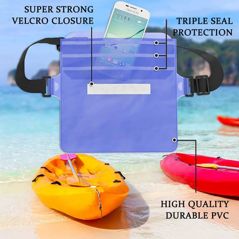 2 Pack Waterproof Phone Pouch With Adjustable Waist Strap for Swimming Kayaking Boating Fishing Beach Diving Touch Screen Dry Bag displayed on beach
