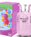Front view of pink Joycoya helium balloon tank (7L) with green inflator, box showing colorful balloons.