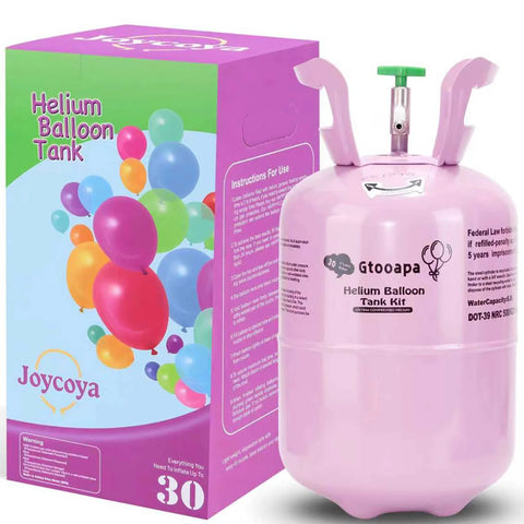 Front view of pink Joycoya helium balloon tank (7L) with green inflator, box showing colorful balloons.