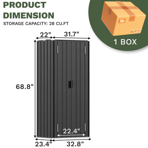 Rugged 28 Cu Ft Outdoor Storage Cabinet With Adjustable Shelves And Locking Door, Weatherproof Metal Shed, dimensions view