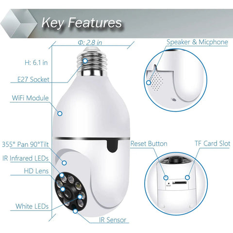 Pan Tilt Security Light Camera With Full HD 1080P Wireless WiFi IP Surveillance Motion Detection Siren Alarm Night Vision Remote Viewing Two In One LED Floodlight Camera For Home Security, showing key features diagram with dimensions.