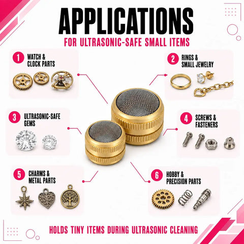Brass And Stainless Steel Mesh Ultrasonic Cleaner Basket Set Built Tough Like Nails For Tiny Watch Parts Delicate Charms And Medium Rings Quick Drain Setup Straight Up Deep Clean Power Pack Of 2 for cleaning rings, watch parts, and screws.