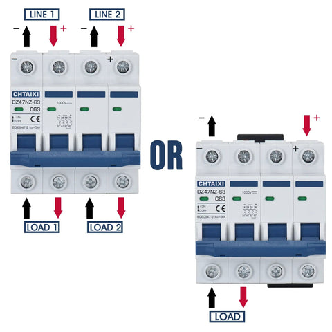 DC Miniature Circuit Breaker 4 Pole 1000V 20A Isolator For Solar PV System With Thermal Magnetic Trip DIN Rail Mount DC Disconnect Switch C20 Arc Extinguishing For Safe Power Distribution And Short Circuit Protection shown with wiring diagram
