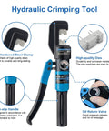 Heavy Duty 10 Ton Hydraulic Crimping Tool Kit With 13 Dies, Battery Cable Crimper For Twelve Through Two Zero AWG shown with features