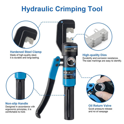 Heavy Duty 10 Ton Hydraulic Crimping Tool Kit With 13 Dies, Battery Cable Crimper For Twelve Through Two Zero AWG shown with features