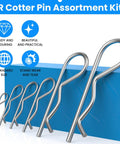 R Clip Hair Pin Fastener Kit For Bolts And Hitch Pins 24 Pcs Zinc Plated Steel R Clips 6 Sizes on blue background
