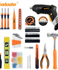 130 Piece Home Tool Kit With 3.6 Volt Cordless Screwdriver For New Home And Apartment DIY Projects, includes tools like hammer, spirit level, pliers.
