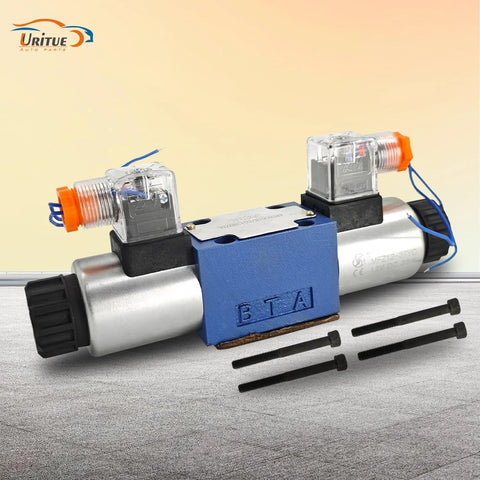 Uritue electric hydraulic directional control solenoid valve, blue body with transparent solenoids and orange caps.