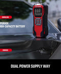 Hassle Free Portable Tire Inflator Cordless Air Compressor 150 Psi showing digital gauge and dual power options.