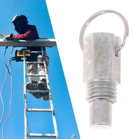 Heavy Duty Ladder Pull Pin Featuring Snap Tight Locking Design And No Sweat Quick Release Spring Plunger For Pro Shop Maintenance and Dependable Equipment Setup Style C, close-up of pin with worker on ladder in background.