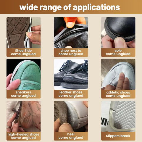 Image showing wide range of shoe repair applications with Heavy Duty Shoe Glue For All Kicks Waterproof Clear Adhesive For Sneakers.