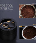 Top Tier 58 MM Espresso Distribution Tool With Ten Stainless Steel Coffee Distributor Needles For Bottomless Portafilters Smooths Coffee Beds For Flawless Daily Pulls showing before and after coffee ground leveling.