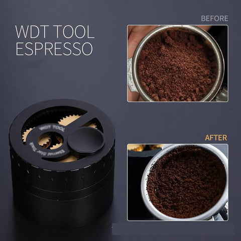 Top Tier 58 MM Espresso Distribution Tool With Ten Stainless Steel Coffee Distributor Needles For Bottomless Portafilters Smooths Coffee Beds For Flawless Daily Pulls showing before and after coffee ground leveling.