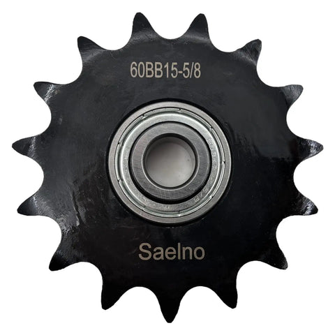 Ansi 60 Roller Chain Idler Sprocket Type C with heavy duty 5/8 inch bore and 15 teeth, hardened 1045 steel, anti-rust black finish.
