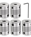 Five Pack Aluminum Shaft Couplings 5mm To 6.35mm Flexible Motor Connectors For CNC Machines And 3D Printers, stepper motor couplers, wrench included
