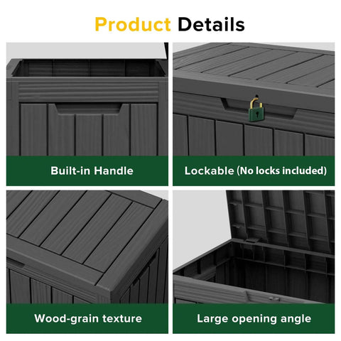 Heavy Duty 50 Gallon Outdoor Storage Box With Lockable Waterproof Seal showing built-in handle and wood-grain texture details