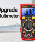 Front view of All In One Digital Multimeter Tester For Home Auto And DIY Projects Measures AC DC Voltage And Current NCV Ohms Diode Continuity Resistance Frequency And Battery Test In Red with large display.