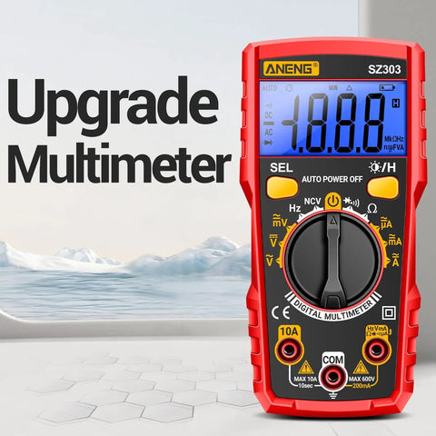 Front view of All In One Digital Multimeter Tester For Home Auto And DIY Projects Measures AC DC Voltage And Current NCV Ohms Diode Continuity Resistance Frequency And Battery Test In Red with large display.