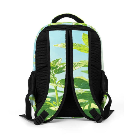 Back view of Dewy Mint White Flower Printed Unisex Backpack Dope With Large Capacity Durable Polyester Build Breathable Comfort Easy To Clean