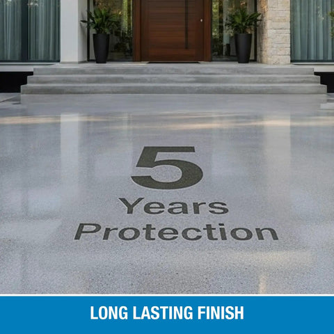 Heavy Duty Concrete Sealer Five Gallon Ready Mix Invisible Shield Slick Natural Finish on a driveway showing 5 years protection.