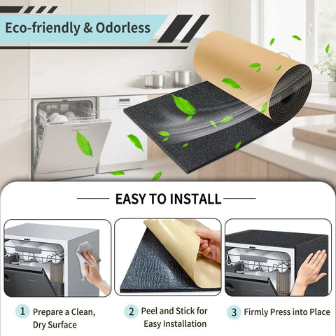Dishwasher Soundproof Wrap Cut From Tear Resistant XPE Foam With Self Adhesive Backing laid out on a kitchen countertop for installation.