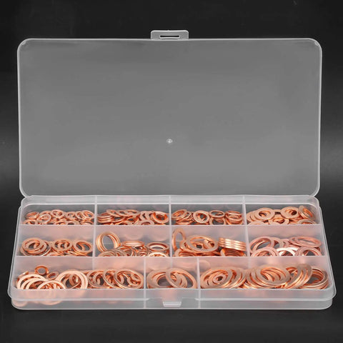 Premium 300 Pack Red Copper Flat Washer Gasket Set M5 To M16 Assortment Kit For High Heat Oil Pan Plugs And Hydraulic Systems With Top Notch Thermal Conductivity And Durable Pure Metal Build For Heavy Duty Repair Jobs, copper washers in organizer
