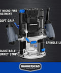 10 Amp Variable Speed Plunge Router Kit With Parallel Guide And Vacuum Adapter For Woodworking Easy Bit Depth Adjustment Integrated Spindle Lock Onboard Wrench HAPR100 showing micro-fine adjustment, soft grip, spindle lock, and turret stop features.