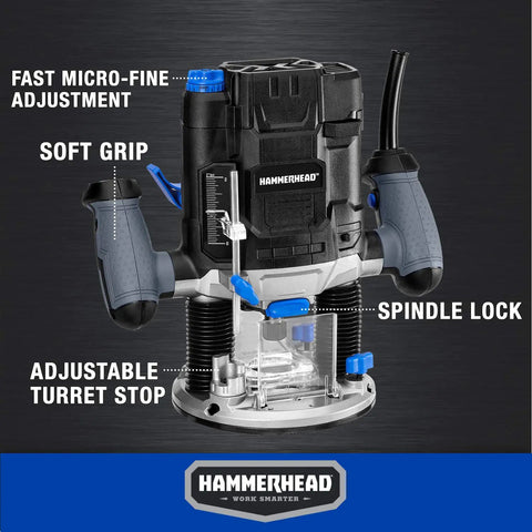 10 Amp Variable Speed Plunge Router Kit With Parallel Guide And Vacuum Adapter For Woodworking Easy Bit Depth Adjustment Integrated Spindle Lock Onboard Wrench HAPR100 showing micro-fine adjustment, soft grip, spindle lock, and turret stop features.