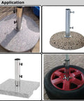 Four setups of Sturdy Granite Umbrella Stand Tube For Outdoor Use, Stainless Steel Base showing versatility and heavy duty table umbrella bracket.
