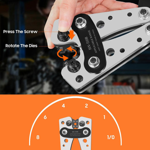 Close-up of Battery Cable Lug Crimp Tool Kit With Copper Lugs Wire Cutter And Heavy Duty Case Works With AWG Ten To One Zero Gauge showing rotating dies.