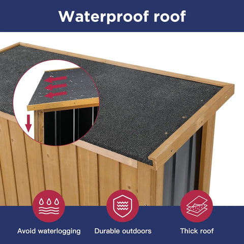 Outdoor Wood And Metal Storage Cabinet With Waterproof Roof For Garden Tools, detail of roof design, wood and metal materials