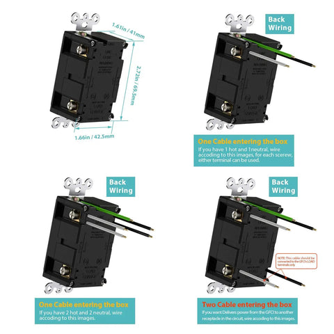 Back view of 2 Pack Self Test GFCI Outlets Tamper Resistant And Weather Resistant Receptacles with wiring instructions.
