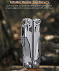 Folded All In One Multitool Pliers With Replaceable Wire Cutters and Spring Loaded Action, Premium Steel, on outdoor surface.