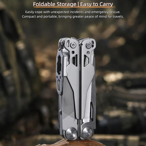 Folded All In One Multitool Pliers With Replaceable Wire Cutters and Spring Loaded Action, Premium Steel, on outdoor surface.