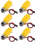 Six Pack Prewired DC Gear Motors With Dual Shaft For DIY Smart Car Robots And Four Wheel Drive Toy Cars 3V To 6V Operation High Torque No Load Speed 1 To 48 Ideal For RC Projects, showing six yellow motors with red and black wires