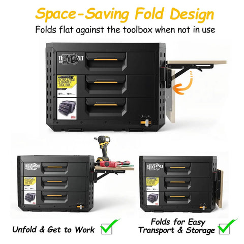 Foldable Heavy Duty Work Table For StackTech Toolbox Systems Portable Side Workbench Attachment With 50 Lb Load Capacity attached to toolbox