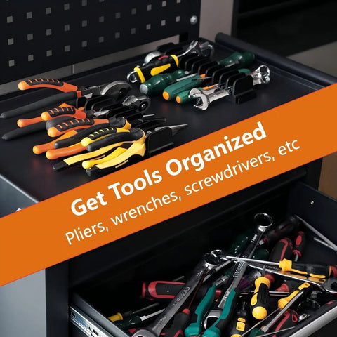 Magnetic Plier Organizer Set 24-Piece Modular Tool Holders for Toolbox and Drawer Storage with pliers and wrenches displayed