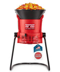 Red electric leaf mulcher and shredder filled with leaves, 30:1 mulch ratio tag, portable garden grinder, freestanding design.