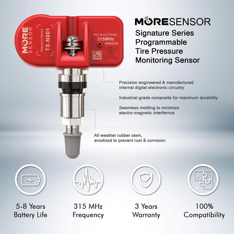 Signature Series 315MHz TPMS Tire Pressure Sensor 4 Pack Preprogrammed Relearn Ready Clamp In for Honda Pilot, MDX, RDX, TSX and Other Compatible Rides with Easy Install and Reliable Monitoring; red clamp-in sensor