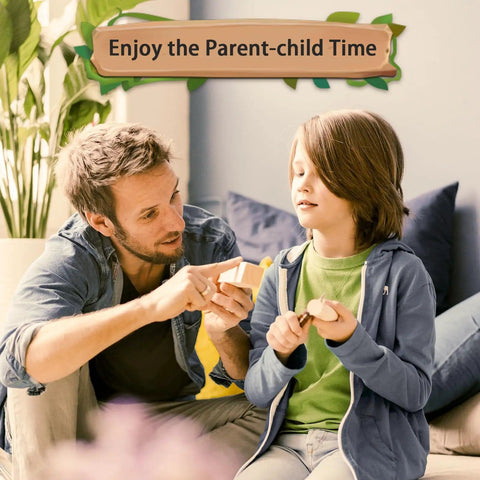 Father and child using 24 Piece Basswood Carving Blocks Kit With 3 Sizes For Whittling And Crafts, enjoying creative time together.