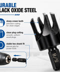 Close-up of Premium 8 Piece Wood Plug Cutter Drill Bit Set with black oxide steel, sharp crown teeth for precise plug cutting.