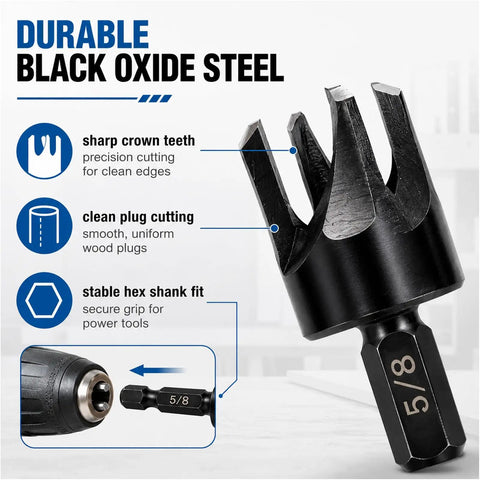 Close-up of Premium 8 Piece Wood Plug Cutter Drill Bit Set with black oxide steel, sharp crown teeth for precise plug cutting.
